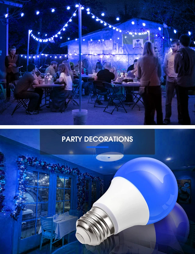Alt view image 6 of 7 - Blue Light Bulbs Outdoor, Dusk to Dawn Sensor A19 Blue Porch Lights 40W Equivalent, 6W Colored Light Bulb, Auto-On/Off E26 Base for Christmas Party Wedding Patio Backyard, 4 Pack