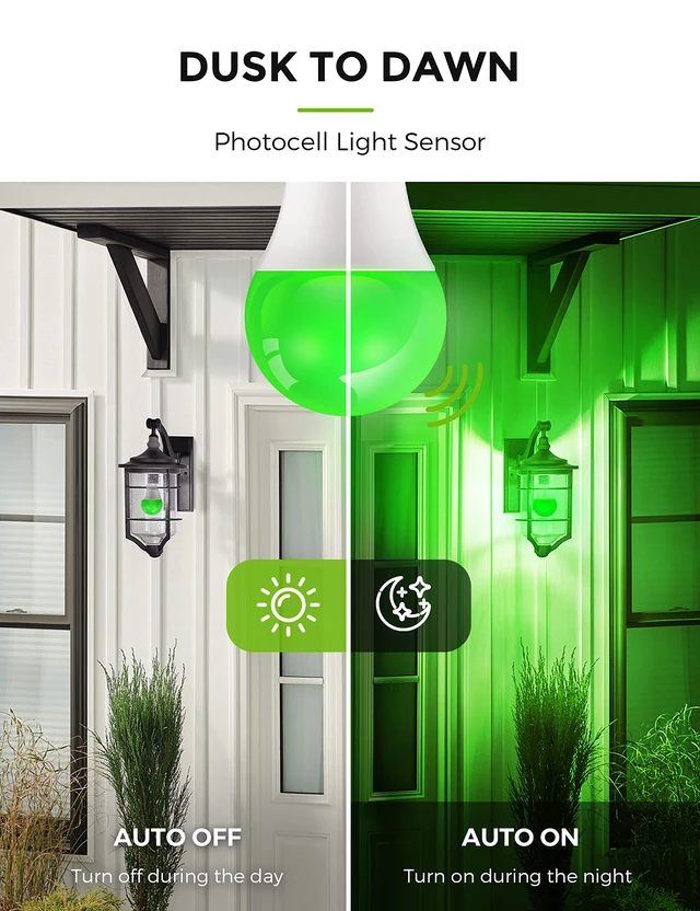 Alt view image 3 of 7 - LOHAS Red Green Light Bulbs Outdoor, Christmas Dusk to Dawn Sensor A19 Porch Lights 40W Equivalent, 6W Red Green Colored Light Bulb, Auto-On/Off E26 Base for Party Wedding Porch Patio Backyard, 4-Pack