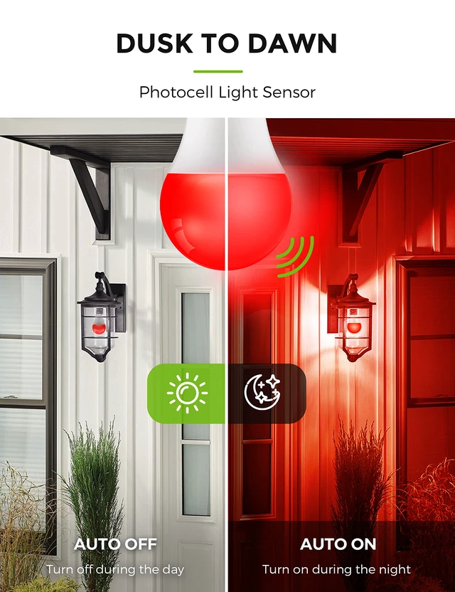 Alt view image 2 of 7 - LOHAS Red Green Light Bulbs Outdoor, Christmas Dusk to Dawn Sensor A19 Porch Lights 40W Equivalent, 6W Red Green Colored Light Bulb, Auto-On/Off E26 Base for Party Wedding Porch Patio Backyard, 4-Pack