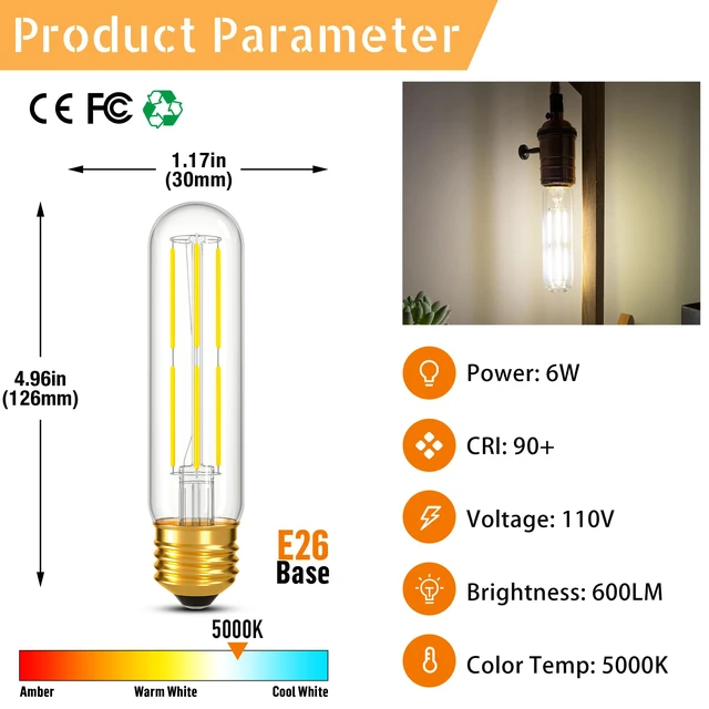 Alt view image 3 of 7 - Dimmable E26 T10 LED Bulb Tube Light Bulbs 6W,Daylight 5000K 600LM,6 Pack (60W Equivalent),Tubular Light Bulb Type T Long Thin Skinny Light Bulbs for Curio Cabinet,Piano Light,Chandelier,Hutch