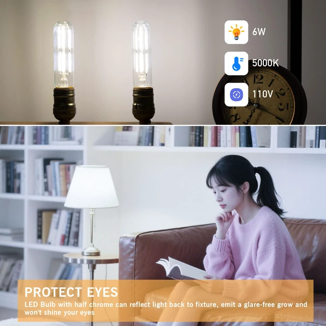 Alt view image 5 of 7 - Dimmable E26 T10 LED Bulb Tube Light Bulbs 6W,Daylight 5000K 600LM,6 Pack (60W Equivalent),Tubular Light Bulb Type T Long Thin Skinny Light Bulbs for Curio Cabinet,Piano Light,Chandelier,Hutch