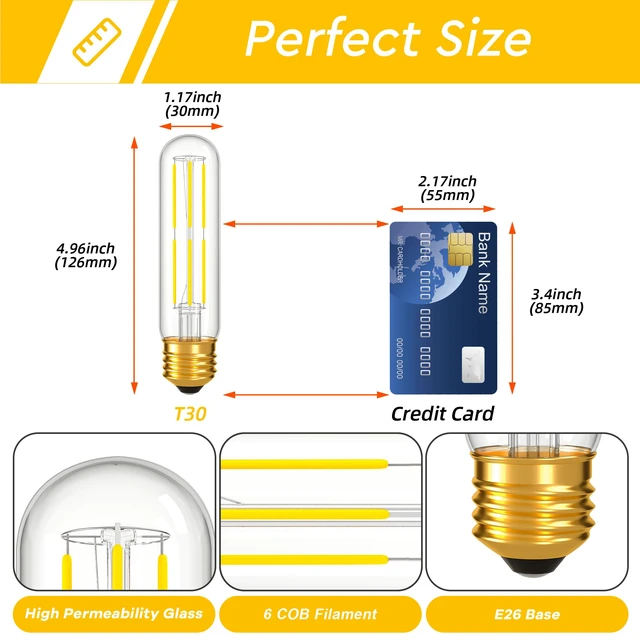 Alt view image 6 of 7 - Dimmable E26 T10 LED Bulb Tube Light Bulbs 6W,Daylight 5000K 600LM,6 Pack (60W Equivalent),Tubular Light Bulb Type T Long Thin Skinny Light Bulbs for Curio Cabinet,Piano Light,Chandelier,Hutch
