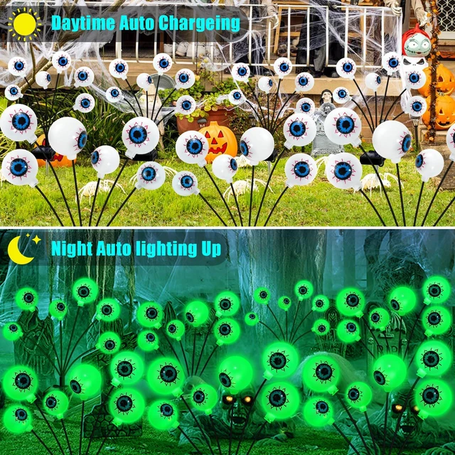 Alt view image 3 of 7 - Halloween Decorations Outdoor Solar Scary Eyeball Lights 4 Pack Green Glowing Eyeballs on Flexible Stakes, Waterproof Garden Pathway Lights for Yard, Lawn, Patio, Party