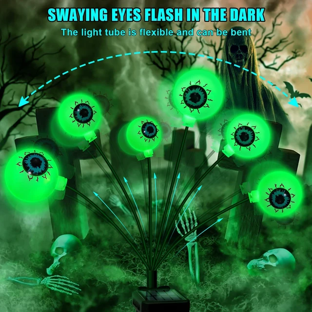 Alt view image 4 of 7 - Halloween Decorations Outdoor Solar Scary Eyeball Lights 4 Pack Green Glowing Eyeballs on Flexible Stakes, Waterproof Garden Pathway Lights for Yard, Lawn, Patio, Party