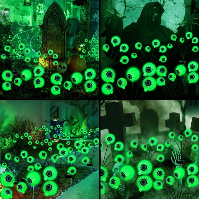 Alt view image 7 of 7 - Halloween Decorations Outdoor Solar Scary Eyeball Lights 4 Pack Green Glowing Eyeballs on Flexible Stakes, Waterproof Garden Pathway Lights for Yard, Lawn, Patio, Party