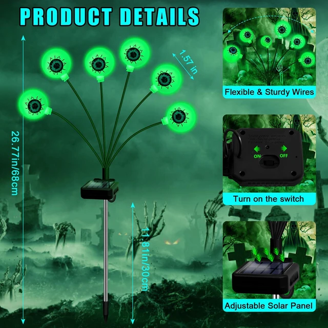 Alt view image 5 of 7 - Halloween Decorations Outdoor Solar Scary Eyeball Lights 4 Pack Green Glowing Eyeballs on Flexible Stakes, Waterproof Garden Pathway Lights for Yard, Lawn, Patio, Party