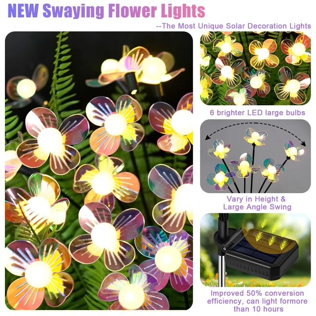 Alt view image 3 of 7 - Solar Garden Lights Flowers 4 Pack of 24 LEDs Swaying Firefly Garden Decor Swaying Flowers Solar Lights Outdoor for Yard Pathway Patio, Swaying Lawn Decor as Gardening Gifts for Women Christmas decor
