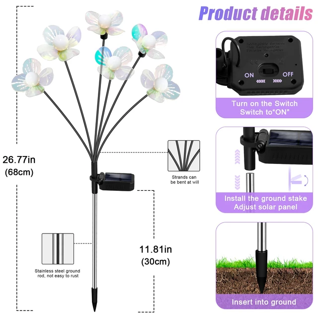 Alt view image 4 of 7 - Solar Garden Lights Flowers 4 Pack of 24 LEDs Swaying Firefly Garden Decor Swaying Flowers Solar Lights Outdoor for Yard Pathway Patio, Swaying Lawn Decor as Gardening Gifts for Women Christmas decor