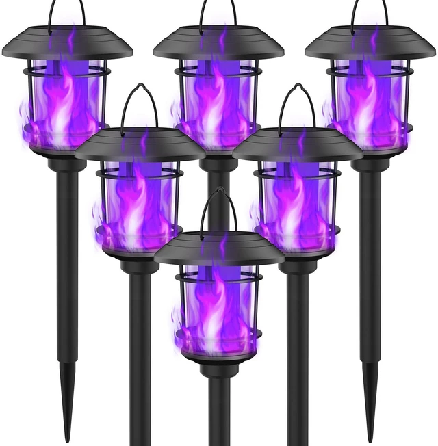 Main image of 6 Pack Solar Flame Torch Lights Outdoor, Dual Use Flickering Purple Flame Garden Light, Hanging Lantern, Auto On/Off & Waterproof Halloween Lighting for Lawn Patio Yard Walkway Driveway