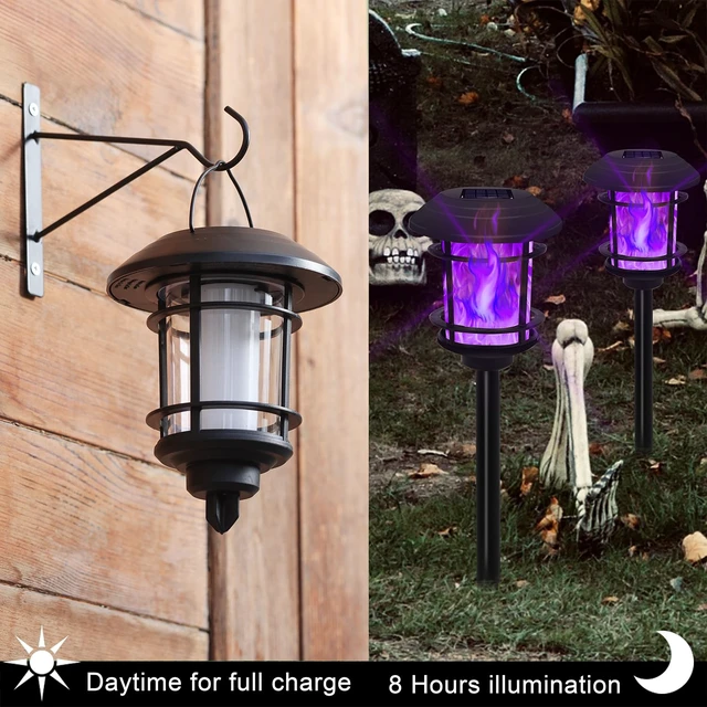 Alt view image 3 of 7 - 6 Pack Solar Flame Torch Lights Outdoor, Dual Use Flickering Purple Flame Garden Light, Hanging Lantern, Auto On/Off & Waterproof Halloween Lighting for Lawn Patio Yard Walkway Driveway