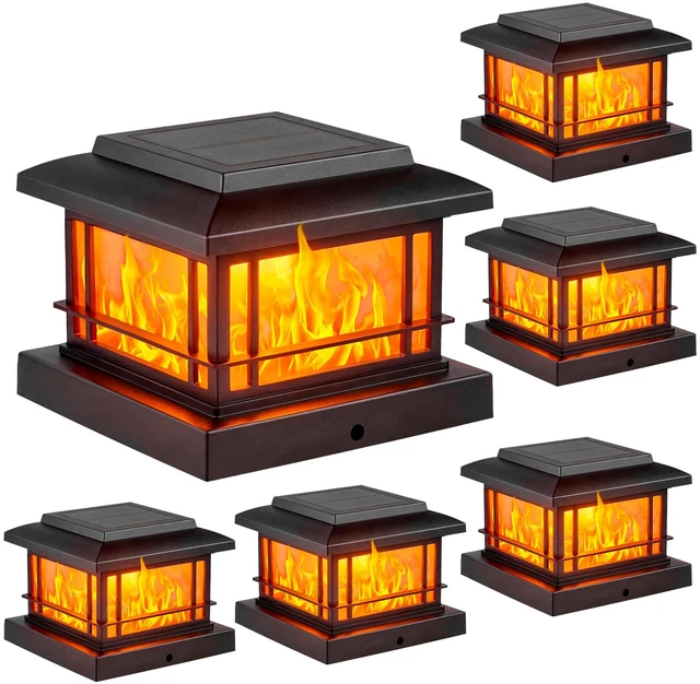 Main image of Flickering Flame Solar Post Cap Lights Outdoor, Black Post Lights with 3 Color Temperature, Fits 3.5" 4" 4.5" 5" Wood/Vinyl Posts, IP64 Waterproof Fence Deck Lights for Garden Patio Yard 6 Pack