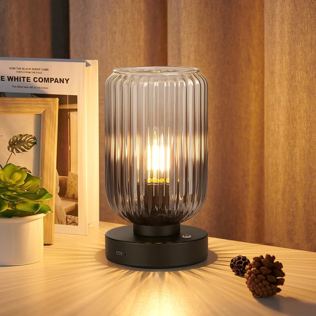 Main image of Cordless Table Lamp for Bedroom, Touch Stepless Dimmable 7500mAh Rechargeable Battery, Gray Glass Shade, Matte Black Base, Bulb Included, Modern Wireless Lamp for Desk, Living Room