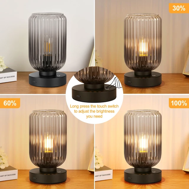 Alt view image 3 of 7 - Cordless Table Lamp for Bedroom, Touch Stepless Dimmable 7500mAh Rechargeable Battery, Gray Glass Shade, Matte Black Base, Bulb Included, Modern Wireless Lamp for Desk, Living Room