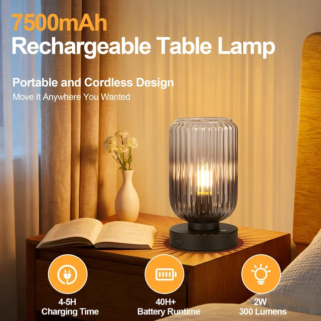 Alt view image 2 of 7 - Cordless Table Lamp for Bedroom, Touch Stepless Dimmable 7500mAh Rechargeable Battery, Gray Glass Shade, Matte Black Base, Bulb Included, Modern Wireless Lamp for Desk, Living Room