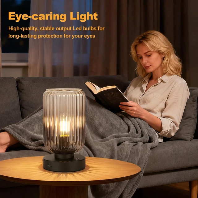 Alt view image 4 of 7 - Cordless Table Lamp for Bedroom, Touch Stepless Dimmable 7500mAh Rechargeable Battery, Gray Glass Shade, Matte Black Base, Bulb Included, Modern Wireless Lamp for Desk, Living Room