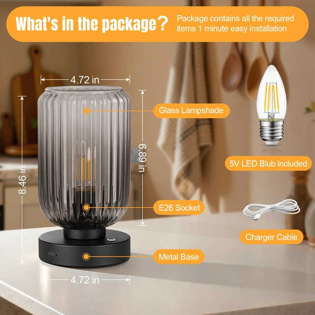 Alt view image 7 of 7 - Cordless Table Lamp for Bedroom, Touch Stepless Dimmable 7500mAh Rechargeable Battery, Gray Glass Shade, Matte Black Base, Bulb Included, Modern Wireless Lamp for Desk, Living Room