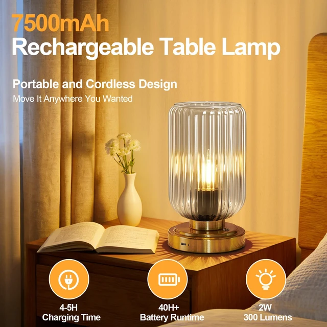 Alt view image 2 of 7 - Cordless Table Lamp for Bedroom, Touch Stepless Dimmable 7500mAh Rechargeable Battery, Clear Glass Shade, Brushed Gold Base, Bulb Included, Modern Wireless Lamp for Desk, Living Room