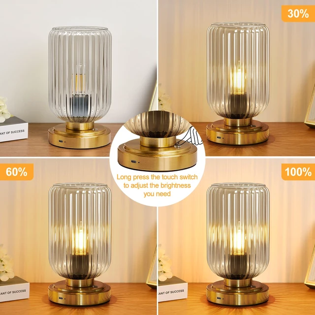 Alt view image 3 of 7 - Cordless Table Lamp for Bedroom, Touch Stepless Dimmable 7500mAh Rechargeable Battery, Clear Glass Shade, Brushed Gold Base, Bulb Included, Modern Wireless Lamp for Desk, Living Room
