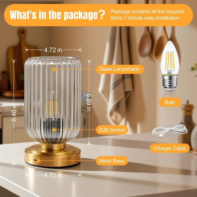 Alt view image 4 of 7 - Cordless Table Lamp for Bedroom, Touch Stepless Dimmable 7500mAh Rechargeable Battery, Clear Glass Shade, Brushed Gold Base, Bulb Included, Modern Wireless Lamp for Desk, Living Room