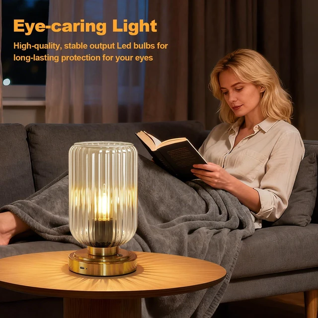 Alt view image 6 of 7 - Cordless Table Lamp for Bedroom, Touch Stepless Dimmable 7500mAh Rechargeable Battery, Clear Glass Shade, Brushed Gold Base, Bulb Included, Modern Wireless Lamp for Desk, Living Room
