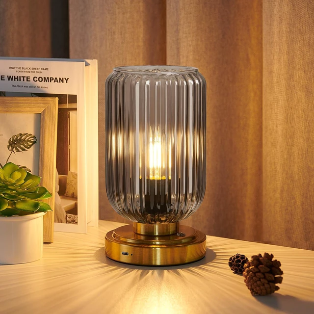 Main image of Cordless Table Lamp for Bedroom, Touch Stepless Dimmable 7500mAh Rechargeable Battery, Gray Glass Shade, Brushed Gold Base, Bulb Included, Modern Wireless Lamp for Desk, Living Room