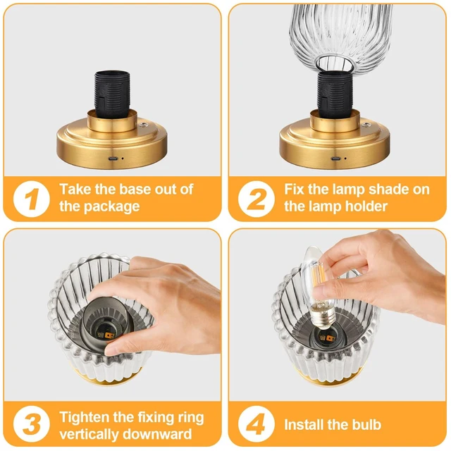 Alt view image 7 of 7 - Cordless Table Lamp for Bedroom, Touch Stepless Dimmable 7500mAh Rechargeable Battery, Clear Glass Shade, Brushed Gold Base, Bulb Included, Modern Wireless Lamp for Desk, Living Room