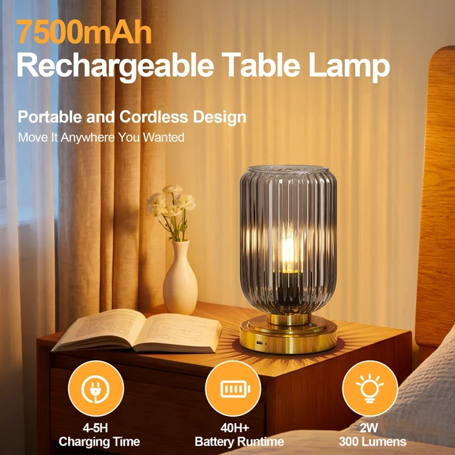 Alt view image 2 of 7 - Cordless Table Lamp for Bedroom, Touch Stepless Dimmable 7500mAh Rechargeable Battery, Gray Glass Shade, Brushed Gold Base, Bulb Included, Modern Wireless Lamp for Desk, Living Room