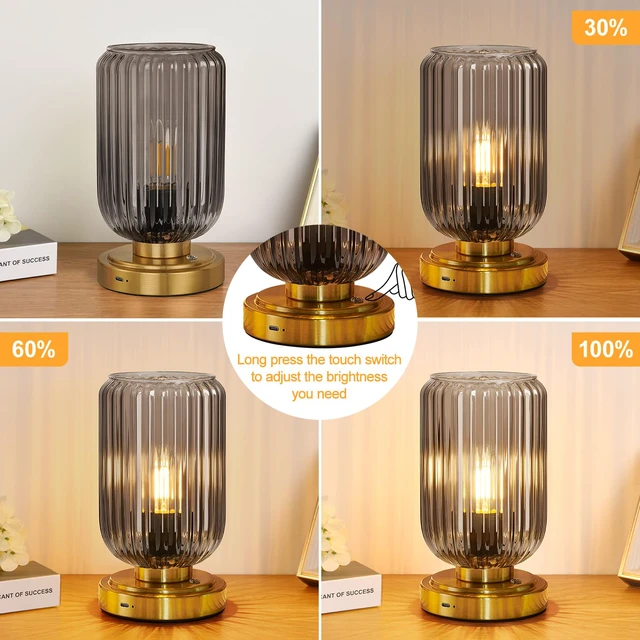 Alt view image 3 of 7 - Cordless Table Lamp for Bedroom, Touch Stepless Dimmable 7500mAh Rechargeable Battery, Gray Glass Shade, Brushed Gold Base, Bulb Included, Modern Wireless Lamp for Desk, Living Room
