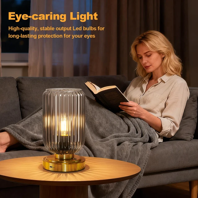 Alt view image 4 of 7 - Cordless Table Lamp for Bedroom, Touch Stepless Dimmable 7500mAh Rechargeable Battery, Gray Glass Shade, Brushed Gold Base, Bulb Included, Modern Wireless Lamp for Desk, Living Room