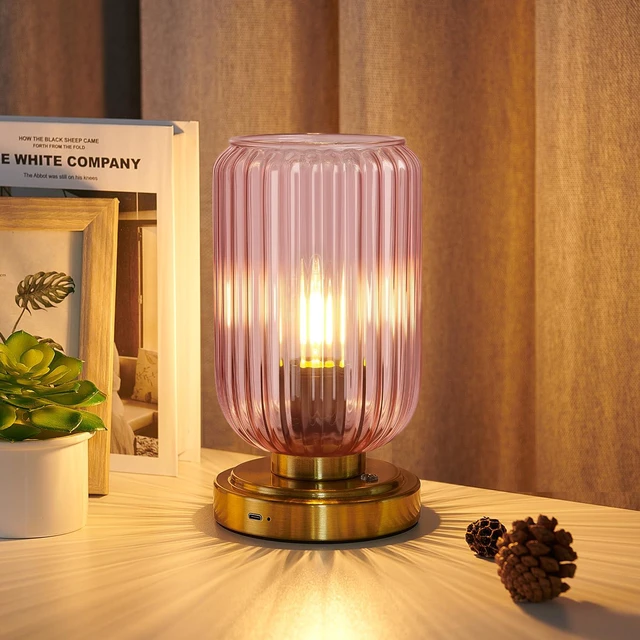 Main image of Cordless Table Lamp for Bedroom, Touch Stepless Dimmable 7500mAh Rechargeable Battery, Pink Glass Shade, Brushed Gold Base, Bulb Included, Modern Wireless Lamp for Desk, Living Room