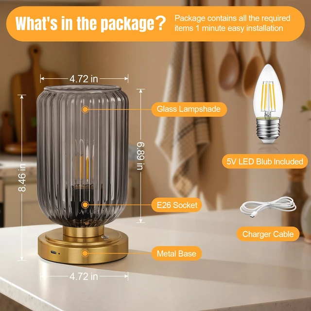 Alt view image 7 of 7 - Cordless Table Lamp for Bedroom, Touch Stepless Dimmable 7500mAh Rechargeable Battery, Gray Glass Shade, Brushed Gold Base, Bulb Included, Modern Wireless Lamp for Desk, Living Room