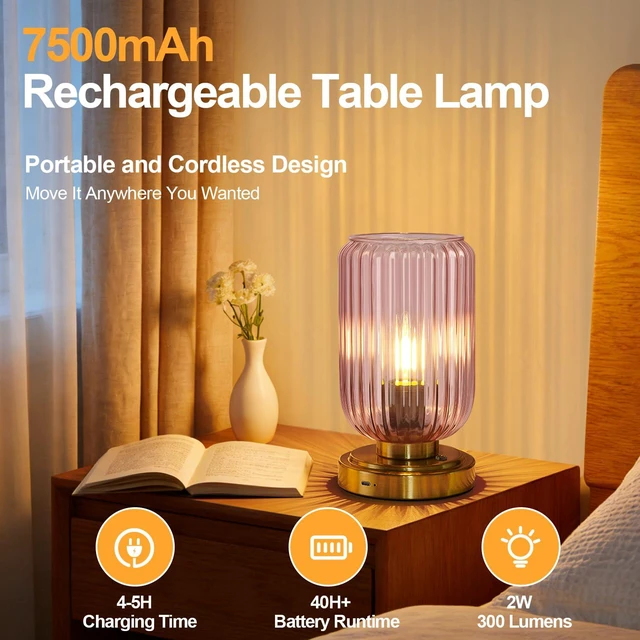 Alt view image 2 of 7 - Cordless Table Lamp for Bedroom, Touch Stepless Dimmable 7500mAh Rechargeable Battery, Pink Glass Shade, Brushed Gold Base, Bulb Included, Modern Wireless Lamp for Desk, Living Room