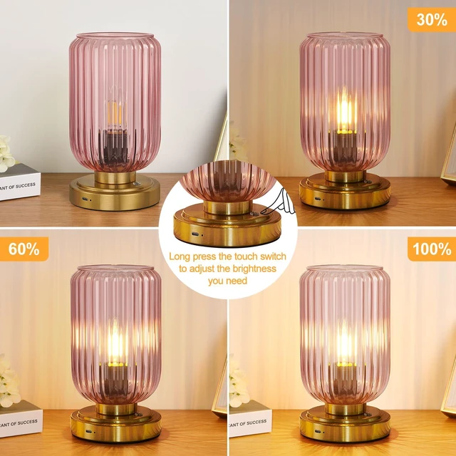 Alt view image 3 of 7 - Cordless Table Lamp for Bedroom, Touch Stepless Dimmable 7500mAh Rechargeable Battery, Pink Glass Shade, Brushed Gold Base, Bulb Included, Modern Wireless Lamp for Desk, Living Room