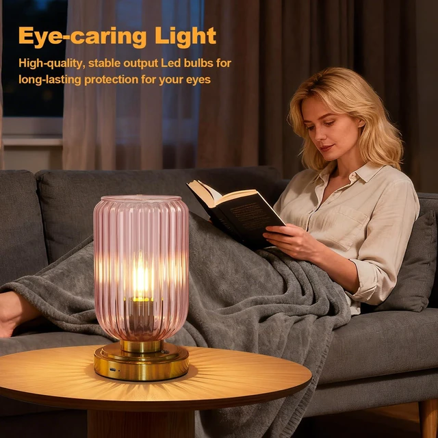 Alt view image 4 of 7 - Cordless Table Lamp for Bedroom, Touch Stepless Dimmable 7500mAh Rechargeable Battery, Pink Glass Shade, Brushed Gold Base, Bulb Included, Modern Wireless Lamp for Desk, Living Room