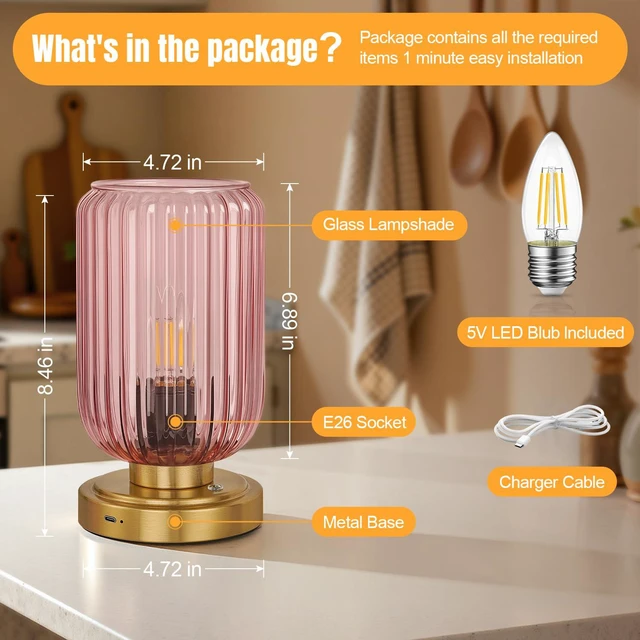 Alt view image 6 of 7 - Cordless Table Lamp for Bedroom, Touch Stepless Dimmable 7500mAh Rechargeable Battery, Pink Glass Shade, Brushed Gold Base, Bulb Included, Modern Wireless Lamp for Desk, Living Room