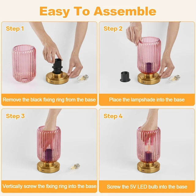 Alt view image 7 of 7 - Cordless Table Lamp for Bedroom, Touch Stepless Dimmable 7500mAh Rechargeable Battery, Pink Glass Shade, Brushed Gold Base, Bulb Included, Modern Wireless Lamp for Desk, Living Room