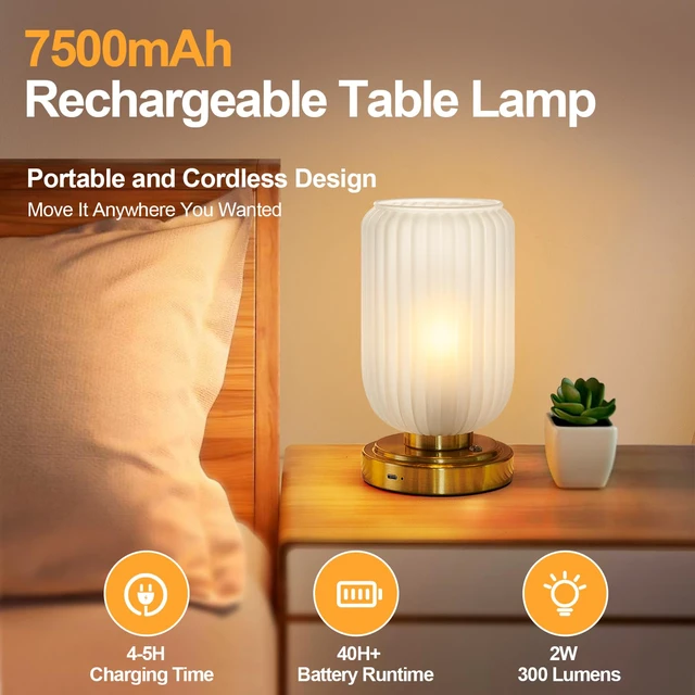 Alt view image 2 of 7 - Cordless Table Lamp for Bedroom, Touch Stepless Dimmable 7500mAh Rechargeable Battery, Matte Glass Shade, Brushed Gold Base, Bulb Included, Modern Wireless Lamp for Desk, Living Room