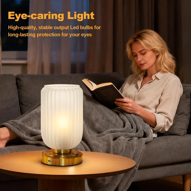 Alt view image 4 of 7 - Cordless Table Lamp for Bedroom, Touch Stepless Dimmable 7500mAh Rechargeable Battery, Matte Glass Shade, Brushed Gold Base, Bulb Included, Modern Wireless Lamp for Desk, Living Room
