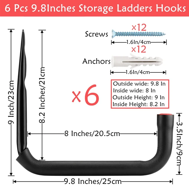 Alt view image 2 of 7 - Garage Storage Ladders Hooks, 6 Pack Heavy Duty Utility Hanger, 9.8IN Wall Mount Rack Safely Holds 50 Pounds
