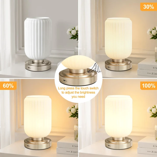 Alt view image 3 of 7 - Cordless Table Lamp for Bedroom, Touch Stepless Dimmable 7500mAh Rechargeable Battery, White Glass Shade, Nickel Base, Bulb Included, Modern Wireless Lamp for Desk, Living Room