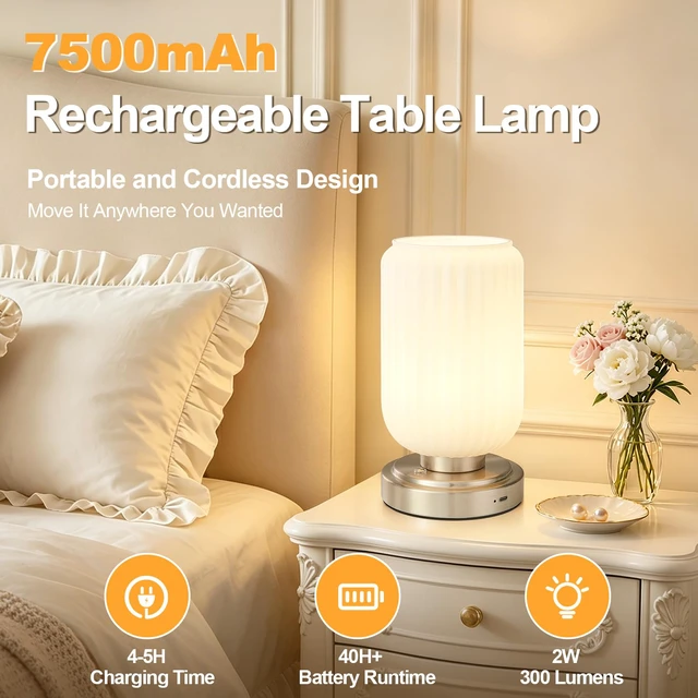 Alt view image 2 of 7 - Cordless Table Lamp for Bedroom, Touch Stepless Dimmable 7500mAh Rechargeable Battery, White Glass Shade, Nickel Base, Bulb Included, Modern Wireless Lamp for Desk, Living Room