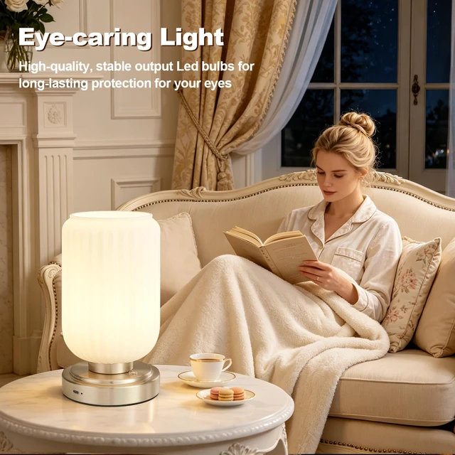 Alt view image 4 of 7 - Cordless Table Lamp for Bedroom, Touch Stepless Dimmable 7500mAh Rechargeable Battery, White Glass Shade, Nickel Base, Bulb Included, Modern Wireless Lamp for Desk, Living Room