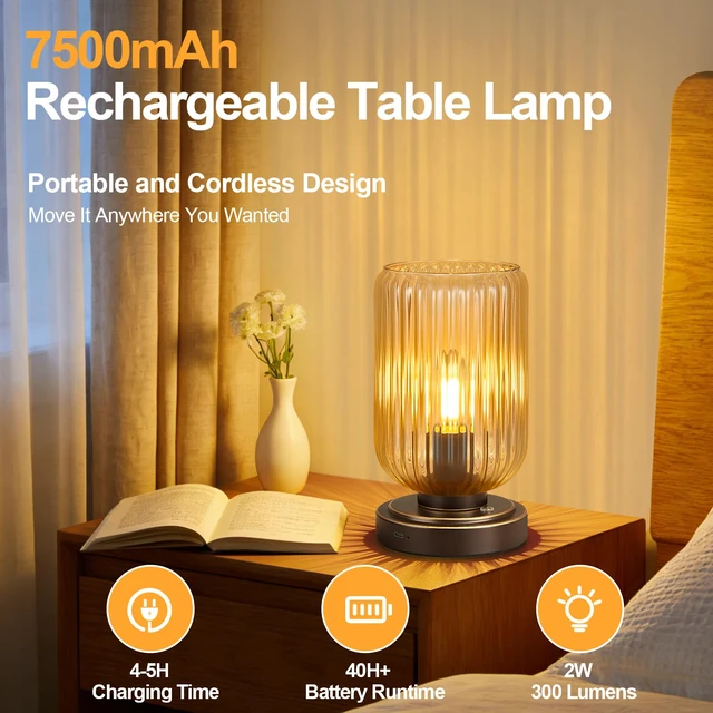 Alt view image 2 of 7 - Cordless Table Lamp for Bedroom, Touch Stepless Dimmable Modern 7500mAh Rechargeable Battery, Amber Glass Shade,Oil Rubbed Bronze Base, Bulb Included, Wireless Lamp for Desk, Living Room