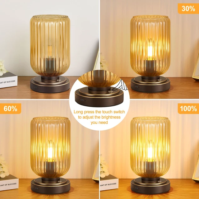 Alt view image 3 of 7 - Cordless Table Lamp for Bedroom, Touch Stepless Dimmable Modern 7500mAh Rechargeable Battery, Amber Glass Shade,Oil Rubbed Bronze Base, Bulb Included, Wireless Lamp for Desk, Living Room