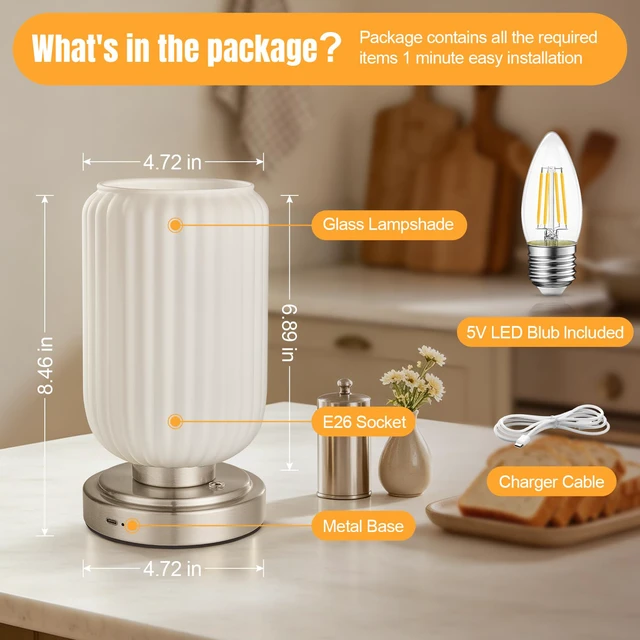 Alt view image 6 of 7 - Cordless Table Lamp for Bedroom, Touch Stepless Dimmable 7500mAh Rechargeable Battery, White Glass Shade, Nickel Base, Bulb Included, Modern Wireless Lamp for Desk, Living Room