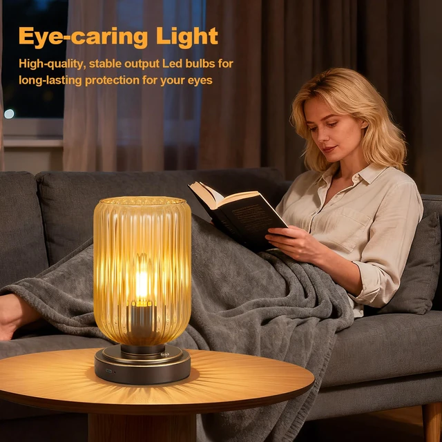 Alt view image 4 of 7 - Cordless Table Lamp for Bedroom, Touch Stepless Dimmable Modern 7500mAh Rechargeable Battery, Amber Glass Shade,Oil Rubbed Bronze Base, Bulb Included, Wireless Lamp for Desk, Living Room