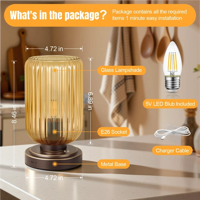 Alt view image 6 of 7 - Cordless Table Lamp for Bedroom, Touch Stepless Dimmable Modern 7500mAh Rechargeable Battery, Amber Glass Shade,Oil Rubbed Bronze Base, Bulb Included, Wireless Lamp for Desk, Living Room
