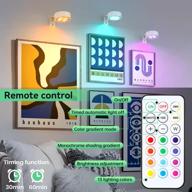 Alt view image 6 of 7 - 4-Pack Picture Light Battery Operated with Remote,13 Color Dimmable and Timer Painting Light, Art Display Light for Picture Frame Artworking Portrait, Home Wall Decor White Magnetic wall lights