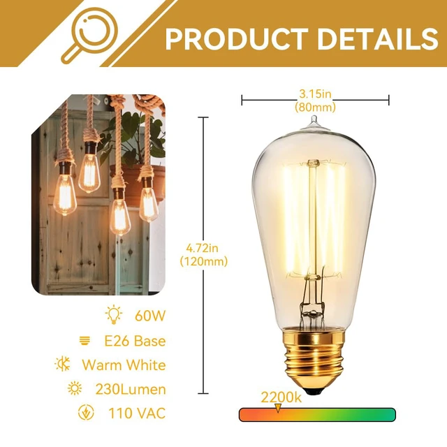 Alt view image 2 of 7 - 4-Pack Edison Light Bulb 60 Watt Dimmable ST58 Vintage Warm Bulb 2200K Soft Light Bulbs Warm Light, 110V E26 Decorative Light Bulb, Vintage 230LM Incandescent Bulb for Bedrooms&Living Rooms