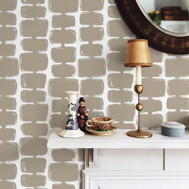 Alt view image 2 of 7 - 17.3"x393" Peel and Stick Wallpaper Mid Century Modern Abstract Contact Paper Geometric Wall Paper Self Adhesive Removable Wallpaper for Bathroom and Bedroom Vinyl, Light Brown and White